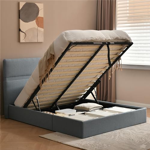 Hydraulic Lift Storage Bed, Queen Upholstered Bed Frame with Linen Headboard, Ample Storage Space, Wooden Slat Support, No Box Spring Required (Beige, Full)