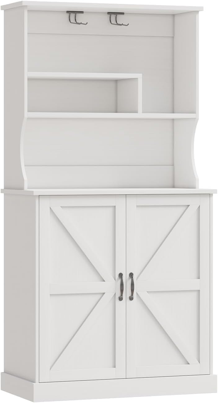 4 EVER WINNER Farmhouse Coffee Bar Cabinet with Hutch & Wine Rack, 73.5” Kitchen Buffet Storage Cabinet with Barn Doors, Adjustable Shelf, Tall Coffee Bar Buffet Cabinet for Dining Room, White