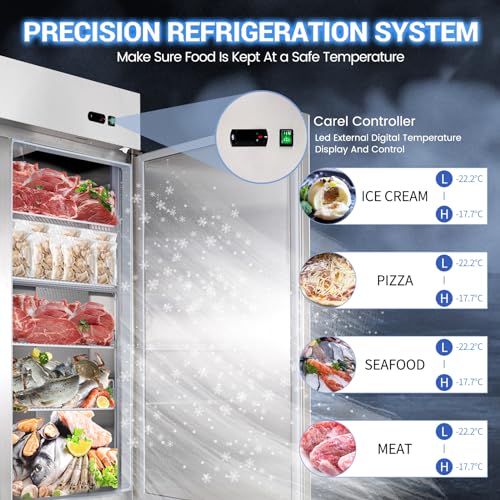 54"W Commercial Freezer 2 Solid Door, 49 Cu.ft Reach-in Stainless Steel Freezer, Upright Fan Cooling for Restaurant, Bar, Home, Shop (Equip 8 Shelves) - kalifon Warehouse Shipments
