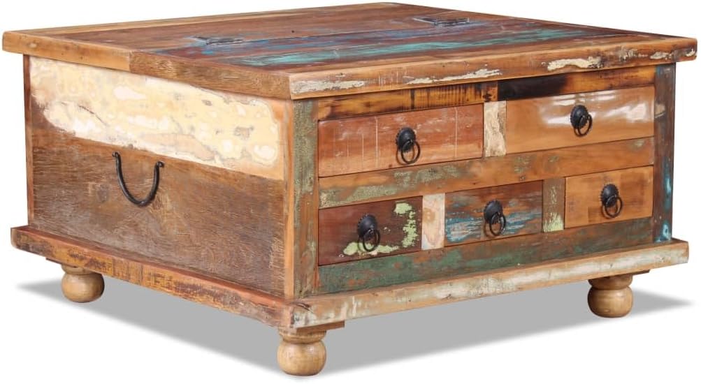 vidaXL Brown Multicolor Reclaimed Wood Coffee Table | Square Design with Large Storage Compartment | Equipped with 5 Drawers | Polished, Painted, Lacquered Finish | Ideal as End or Side Table