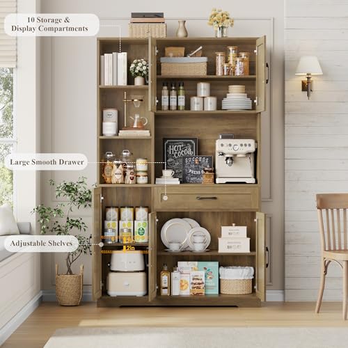 HOSTACK 71" Tall Kitchen Pantry Storage Cabinet, Farmhouse Food Pantry Cabinet with Microwave Stand, Barn Doors Kitchen Hutch with Large Drawer and Shelves for Dining Room, Ash Grey