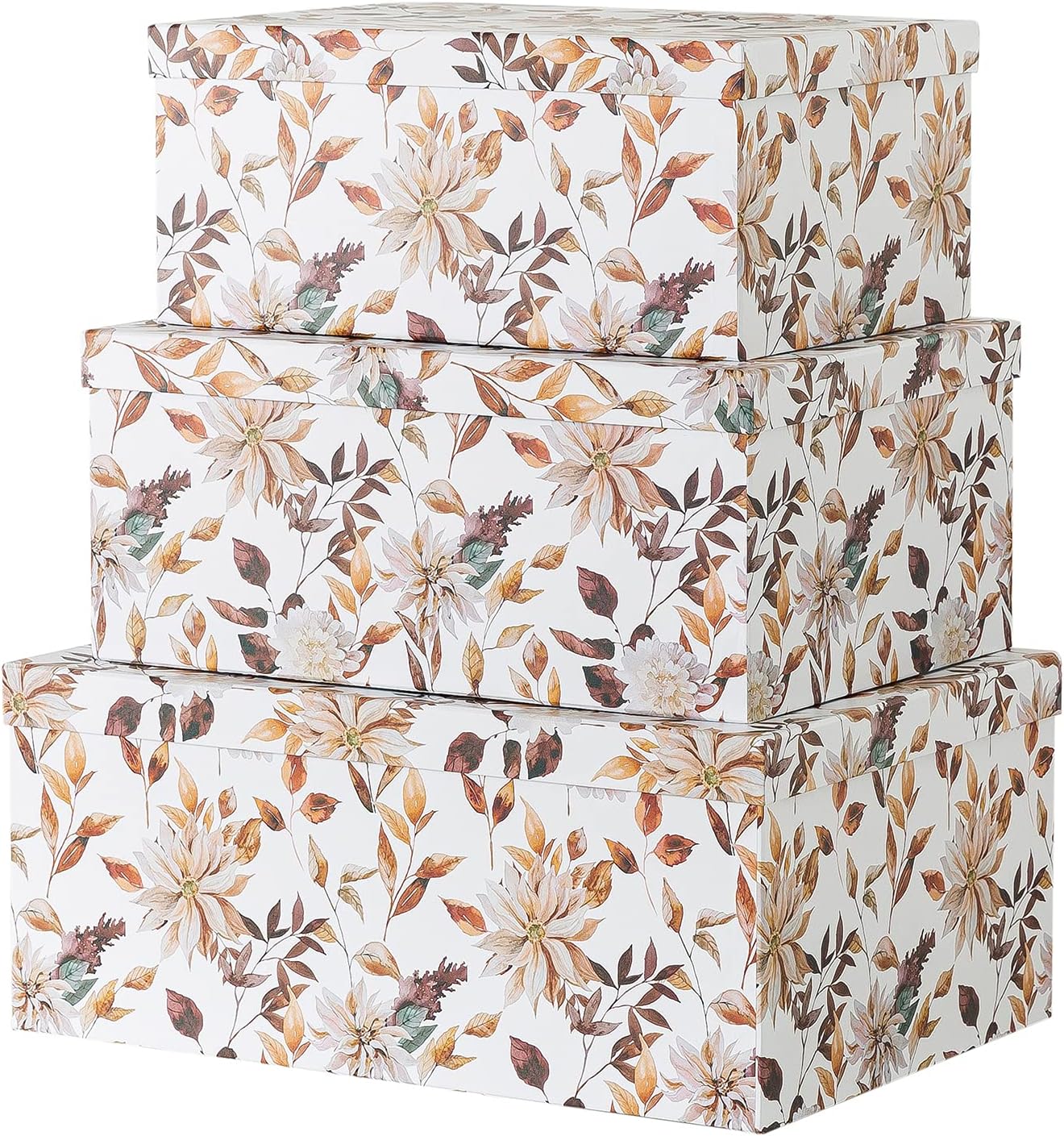 Soul & Lane Decorative Storage Cardboard Boxes with Lids | Autumn Wonders - Set of 3 | Botanical Paperboard Nesting Boxes Pack of 2