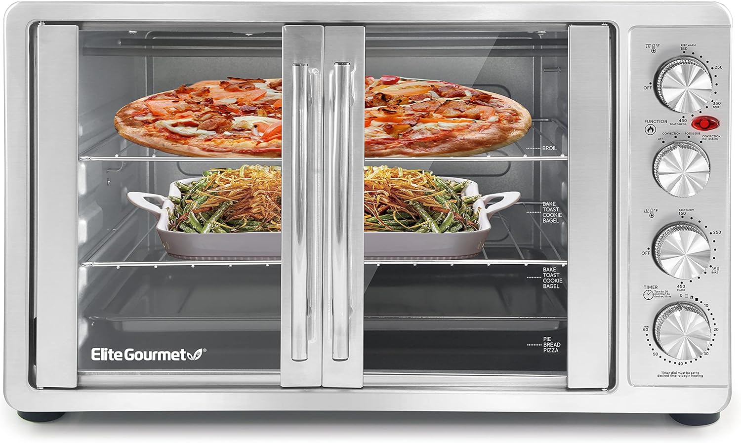 Elite Gourmet ETO4510BMDouble French Door 4-Control Knobs Countertop Convection Toaster Oven, Bake Broil Toast Rotisserie Keep Warm 14" Pizza Includes 2 Racks