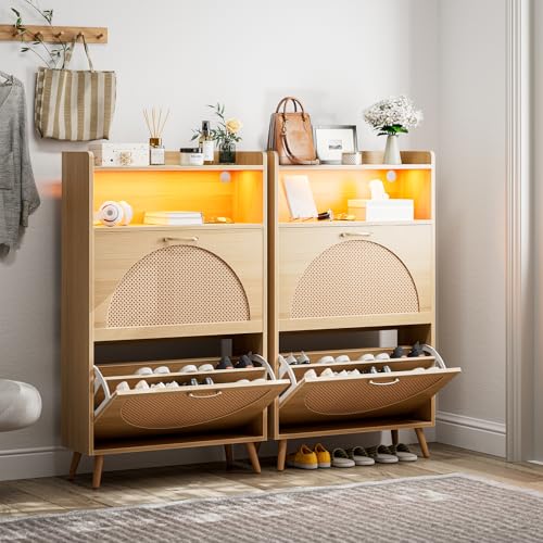 LED Rattan Shoe Storage Cabinet with 2 Flip Drawers,Freestanding Narrow Shoe Organizer Rack Slim Wood for Entryway,Foyer,Hallway,Living Room,Natural