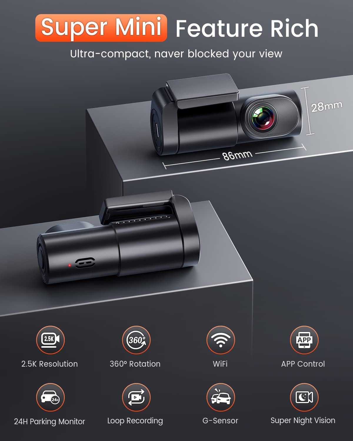 Dash Cam WiFi 2.5K Car Camera, Front Dash Camera for Cars with Night Vision, 24 Hours Parking Mode, WDR, Loop Recording, G-Sensor, 170°Wide Angle, APP, Support 360° Rotation