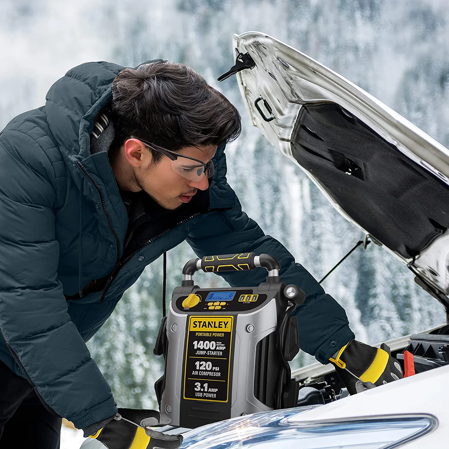 Braun Stanley J7C09D Digital Portable Power Station Jump Starter: 1400/700 Instant Amps, 120 PSI Air Compressor, 3.1A USB Ports, Battery Clamps