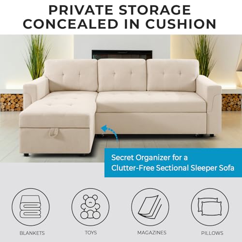 Naomi Home Jenny Sectional Sofa Sleeper with Storage Chaise, Tufted Pull Out Couch with Storage, L-Shaped Reversible Sleeper Sofa with Storage, Black,Air Leather