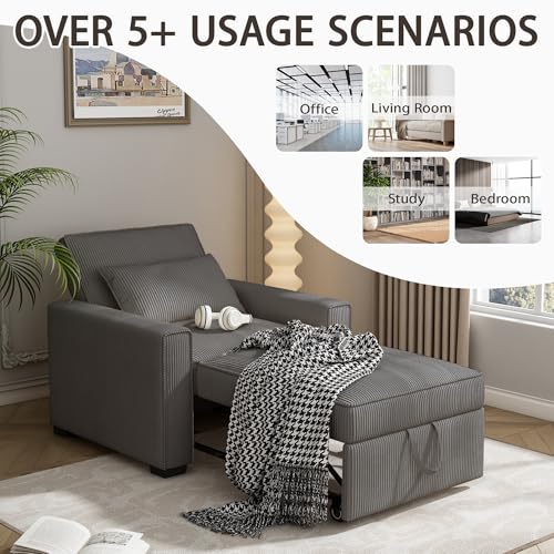 Sleeper Chair, 3 in 1 Convertible Sofa Bed, Adjustable Pull Out Sofa Bed with Throw Pillow, Modern Soft Corduroy Fabric Sofa Sleeper for Single, Living Room, Dorm, Office, Bedroom (Beige)