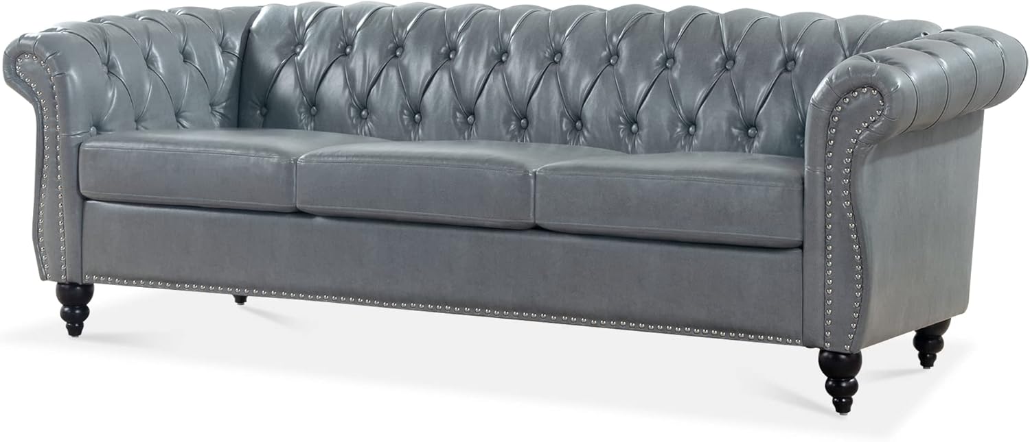 3-Seaters Living Room Clasic Chesterfield Sofa Couch Button Tufted PU Leather Upholstered Sofa&Couch with Luxury Roller Armrest Soild Wood Legs Movable Cushions & Nailhead Decor