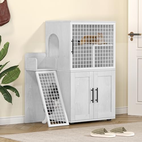 IDEALHOUSE Modern Villa Cat Litter Box Enclosure with Platform,Double Layer Cat Litter Hidden Furniture,Hidden Cat Washroom Furniture Indoor, Cat House with Ladder,33.5" L x 17.9" W x 41.9" H,Wax Wood