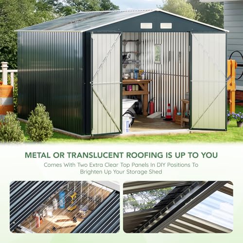 10X12X7.5 FT Outdoor Steel Storage Shed with Lockable Doors, 2 Windows, Transparent Roof Panels (Wood Panels & Frame Floor Not Included), Ideal for Patio Storage,Garbage Can, Chicken Coop，Brown