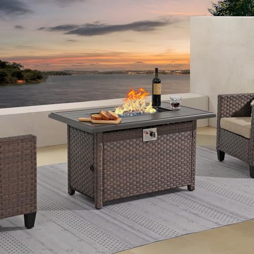 SUNSITT Outdoor Fire Pit Table 43 Inch Wicker Propane Fire Pit with Aluminum Tabletop 50,000 BTU Gas Firepit with Fire Glass, Lid, Cover, Taupe Rattan