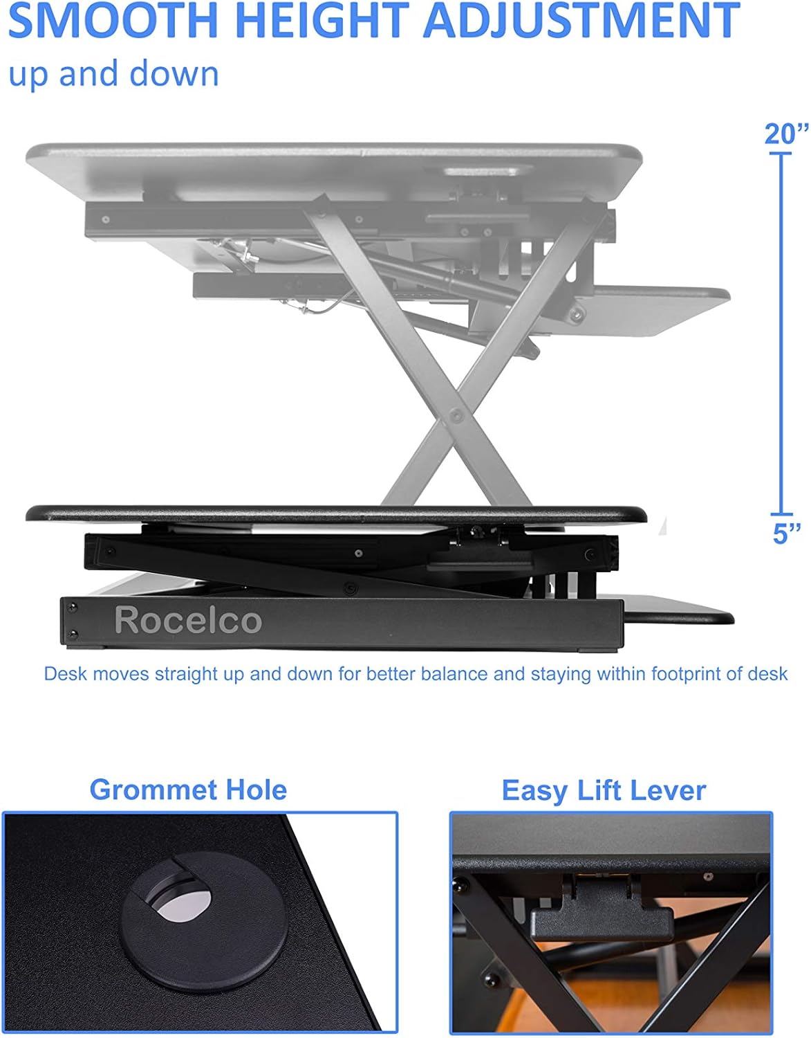 Rocelco 46" Large Height Adjustable Standing Desk Converter, Quick Sit Standup Triple Monitor Riser, Gas Spring Assist Computer Workstation, Retractable Keyboard Tray, (R DADRB-46), Black