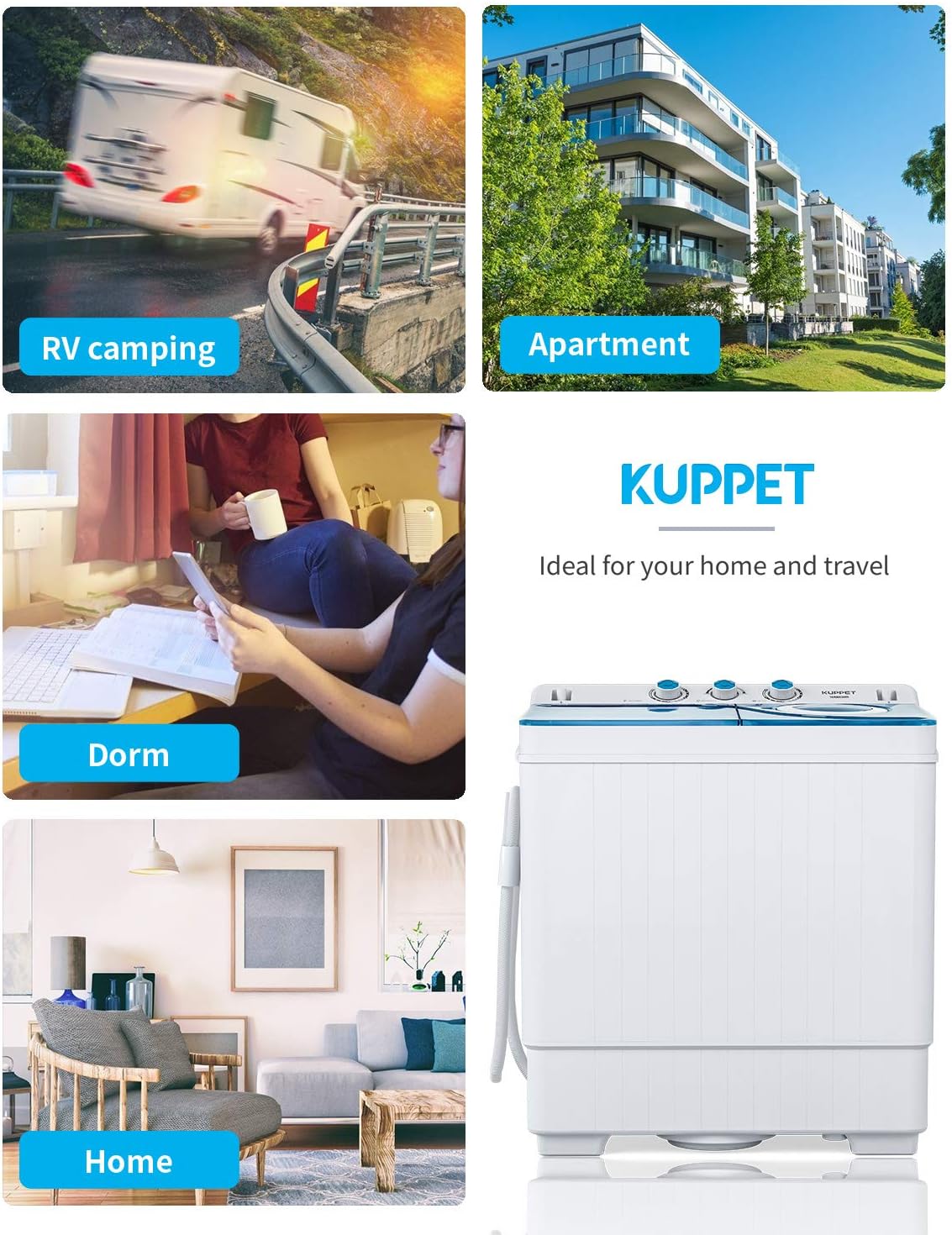 KUPPET Compact Twin Tub Portable Mini Washing Machine 26lbs Capacity, Washer(18lbs)&Spiner(8lbs)/Built-in Drain Pump/Semi-Automatic (White&Blue)