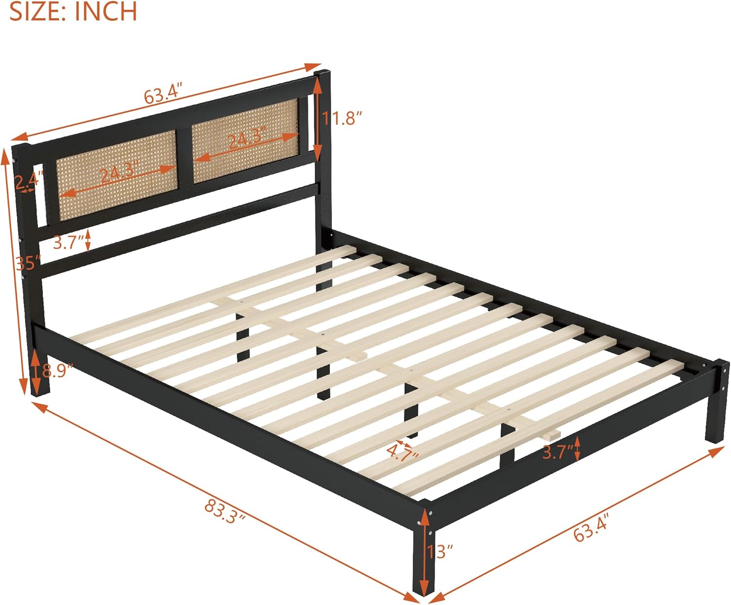 Queen Size Wooden Platform Bed with Natural Rattan Headboard, Exquisite Elegance with Minimalist Charm for Bedroom, Black