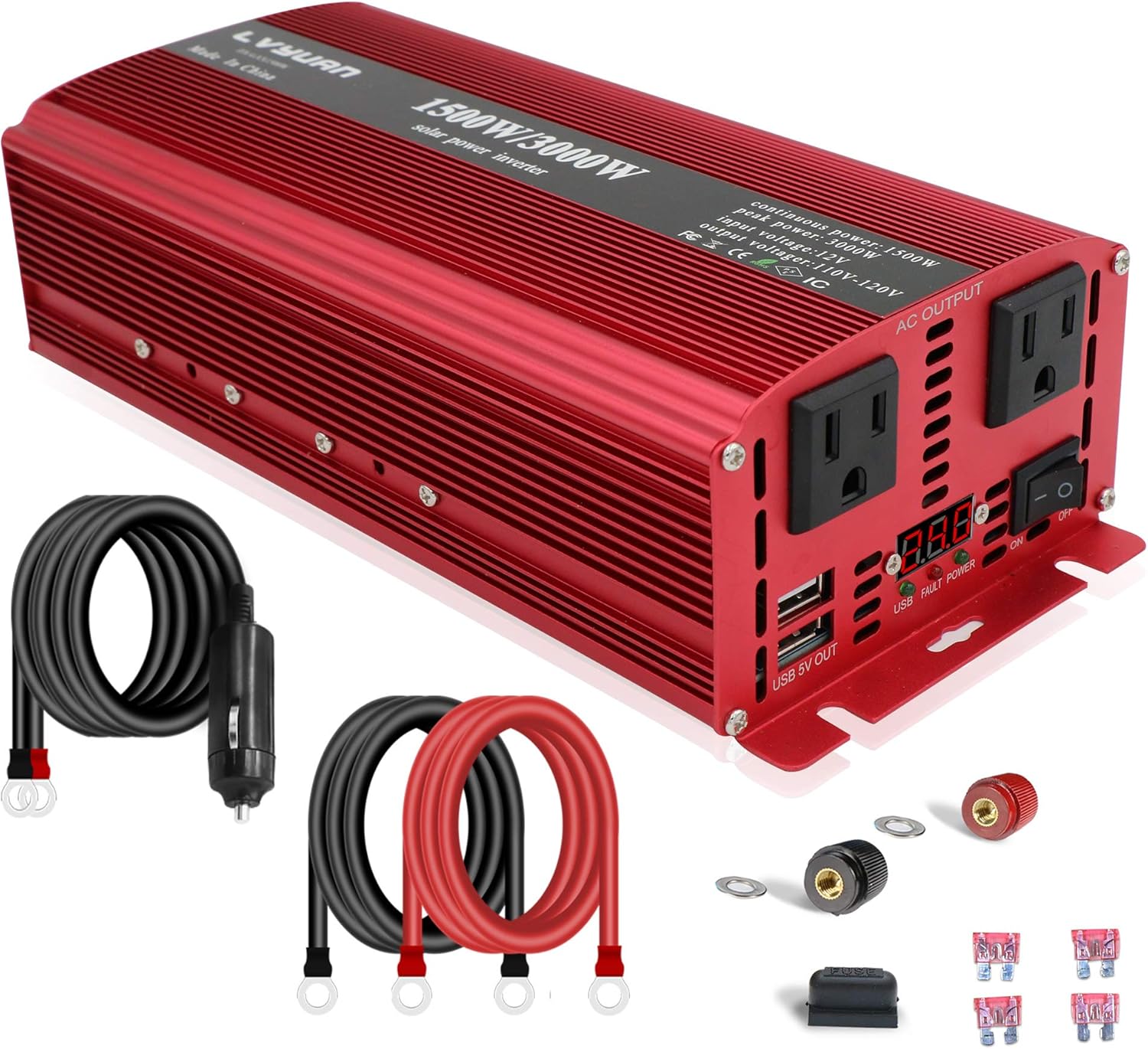 LVYUAN 1500W/3000W Power Inverter Dual AC Outlets and Dual USB Charging Ports DC 24V to 110V AC Car 24V Inverter Converter with Digital Display 4 External 40A Fuses for Blenders, vacuums, Power Tools