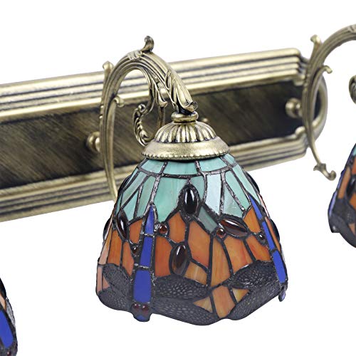 TFCFL Tiffany Victorian Wall Sconce, 3-Light Vanity Light Fixtures Stained Glass Lampshade Dragonfly Over Mirror Lamp for Bathroom Bedroom Living Room Hotel