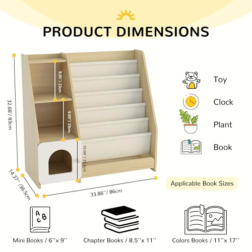 Montessori Kids Bookshelf, 5 Sling Baby Bookcase, 4 Tier Display Shelves, Wooden Book Rack, Toddler Toy Storage Organizer Cabinet, Floor Children Bookshelf Nursery Playroom Bedroom Library, Natural