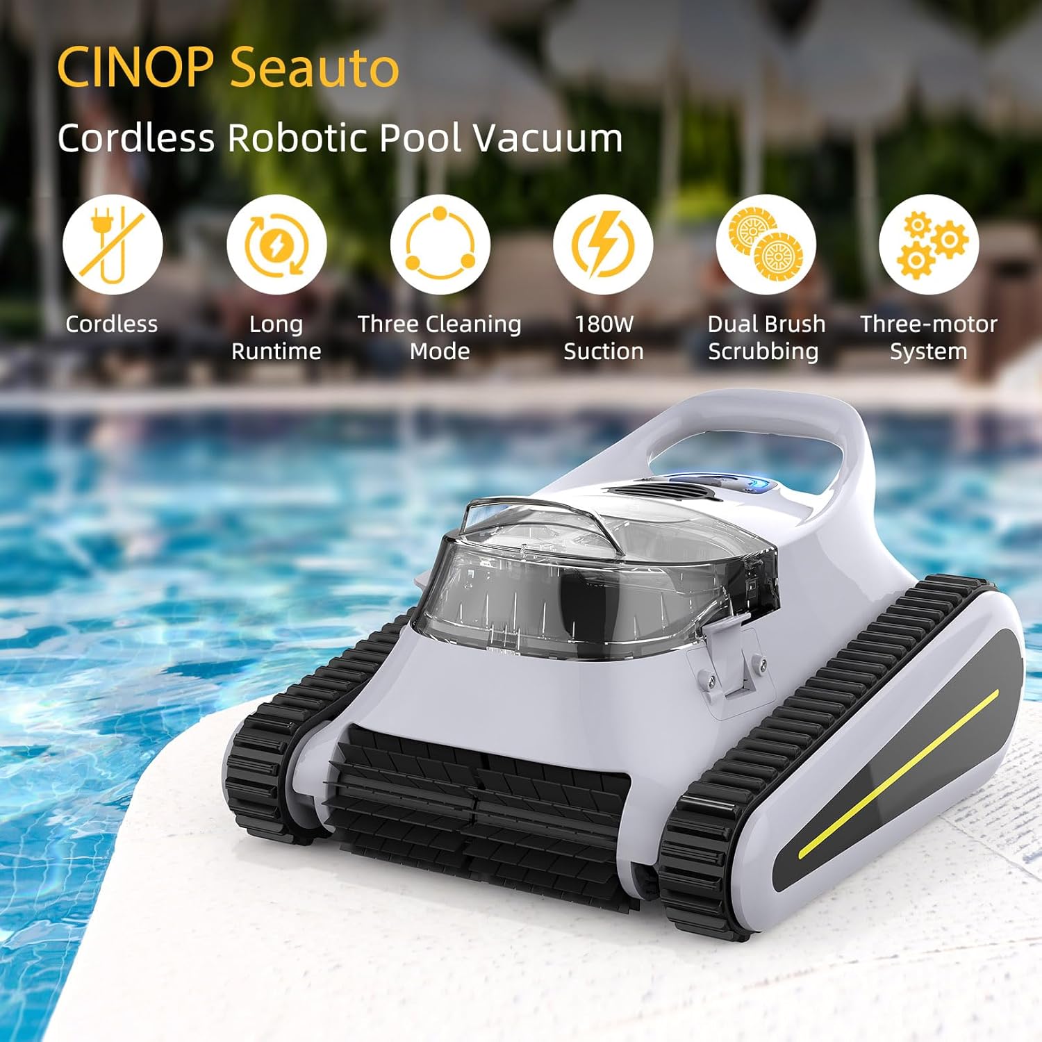Seauto Cordless Robotic Pool Vacuum, Cordless Robotic Pool Cleaner, Automatic Pool Vacuum Robot, 180W Powerful Suction LED Indicator Self Parking, of 1980 Square Feet Pool