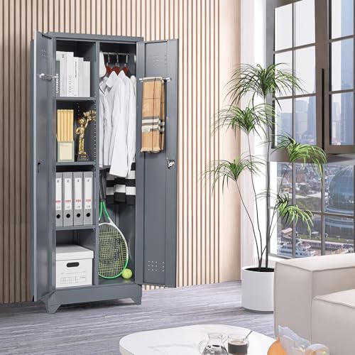 65"H Broom Closet Storage Cabinet, Utility Closet for Brooms and Mops, Cleaning Metal Storage Cabinet with Pegboard and Hanging Rod, Metal Cabinet with Doors and Adjustable Shelves，Garage，Grey-White