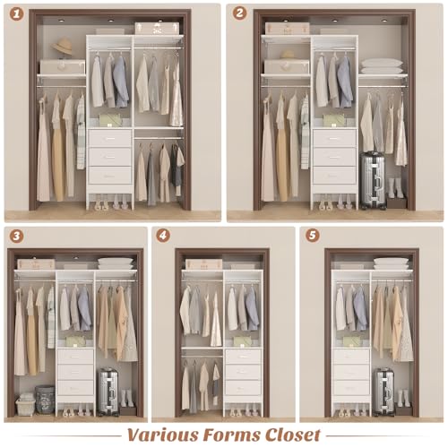 4FT Small Closet System with 3 Fabric Drawers, 48'' Closet Organizer System With 3 Adjustable Shelves, Flexible Built-In Clothes Garment Rack for Small Space, 48" L x 13" W x 71" H, White