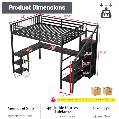 Full Size Loft Bed with Desk and Stairs,Metal Gaming Loft Bed Full with Wardrobe and Shelf, High Loft Bed with LED & USB Charging Station for Teens, Adults, Space Saving Design,Black