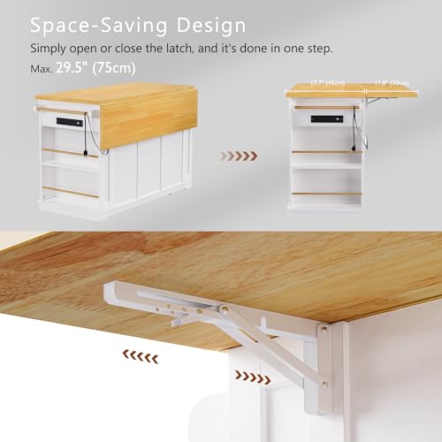 53" Rolling Large Kitchen Island Set with Power Outlet,Mobile Carts with Storage Cabinet,Extra Drop Leaf,3 Drawers and 5 Open Side Racks,Wood Table for Dining Room (Island & Stools)