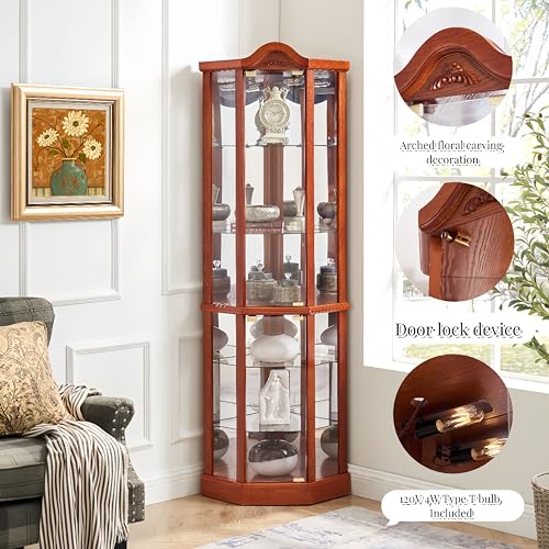 Lighted Wooden Corner Display Curio Cabinet, Curved Shelving Unit Lighted Corner Display with Adjustable Shelves＆Mirrored Back Panel, Tempered Glass Doors for Bedroom, Living Room (Oak)