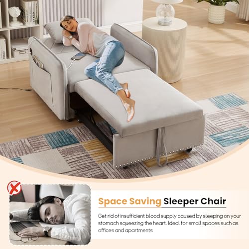 Convertible Chair Bed with USB Ports, 3 in 1 Modern Velvet Pull Out Sofa Bed Chair, Single Sleeper Chair with Pillow for Living Room, Small Spaces, Apartment, Office, Black