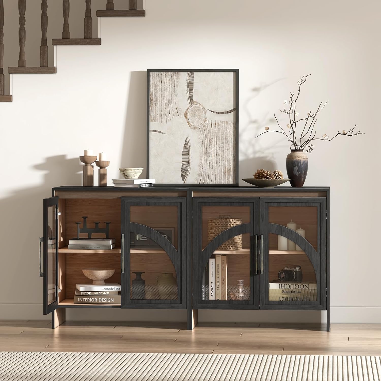 Modern Accent Cabinet,Sideboard Buffet Cabinet with Storage,Arched Cabinet with Glass Door,Credenza Storage Cabinet with Adjustable Shelf for Living Room,Entryway,Dinning Room,Black