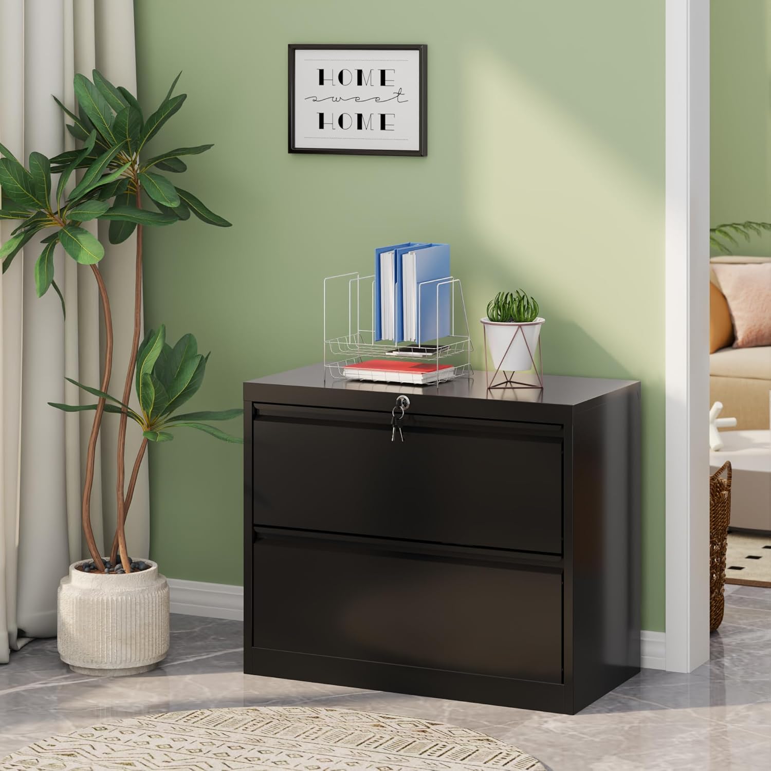 Metal Lateral File Cabinet, 2 Drawer Filing Cabinet with Lock, Ins Design Home Office Storage File Cabinet for Letter/Legal/A4 Size, Assembly Required