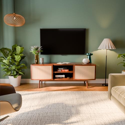 Bme Nancy Solid Acacia Wood Coffee Table for Living Room, Spacious Oval-Shaped 237 Lbs Top Capacity, Rattan Shelf Below, Mid Century, Rustic and Modern Style Living Room Furniture, Dark Chocolate