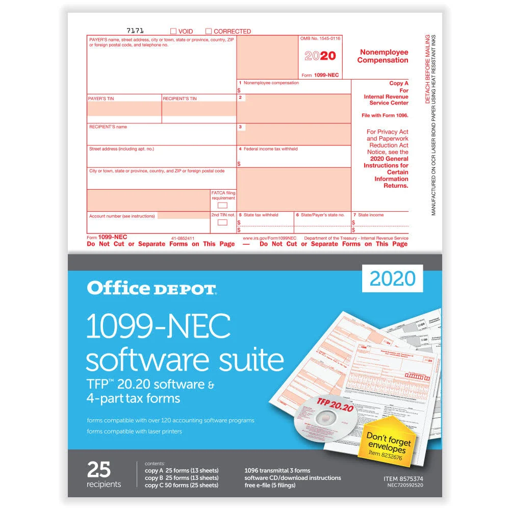 Office Depot Brand 1099-NEC Laser Tax Forms with Software, 2-Up, 4-Part, 8-1/2 inch x 11 inch, Pack of 25 Forms