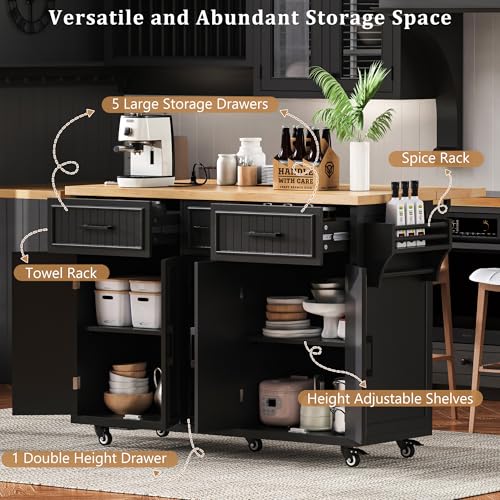 56.5" Rolling Kitchen Island with Storage on Wheels, Kitchen Cart with Drop Leaf & Power Outlet, Portable Island Table with 4 Doors, 5 Drawers, Spice Rack and Towel Bar for Dinning Room, Black