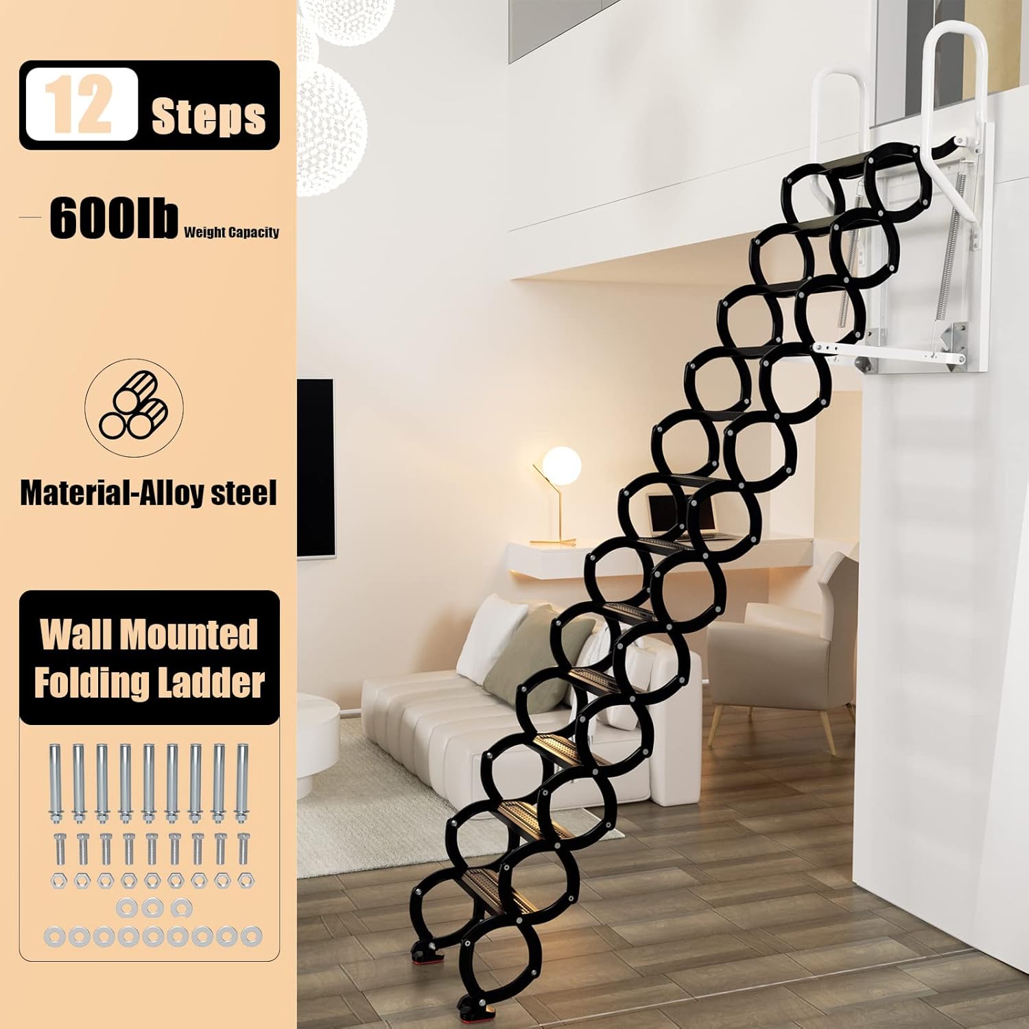 Frezon 12 Steps Wall Mounted Folding Ladder, Black Loft Attic Stairs,Pull down wall mounted attic folding staircase
