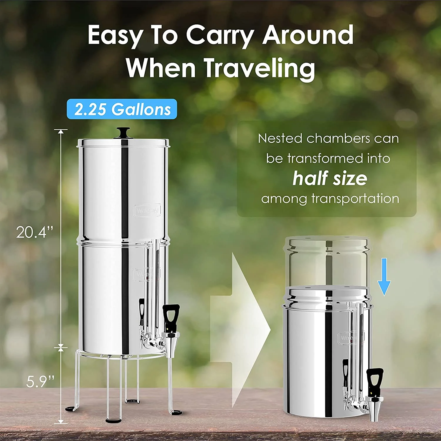 Waterdrop WD-TK-FS Gravity-fed Water Filter System, 2.25-gallon Stainless-steel System, with 4 Filters, Metal Water Level Spigot and Stand, Reduces up to 98.95% of chlorine&Bad Taste-King Tank Series