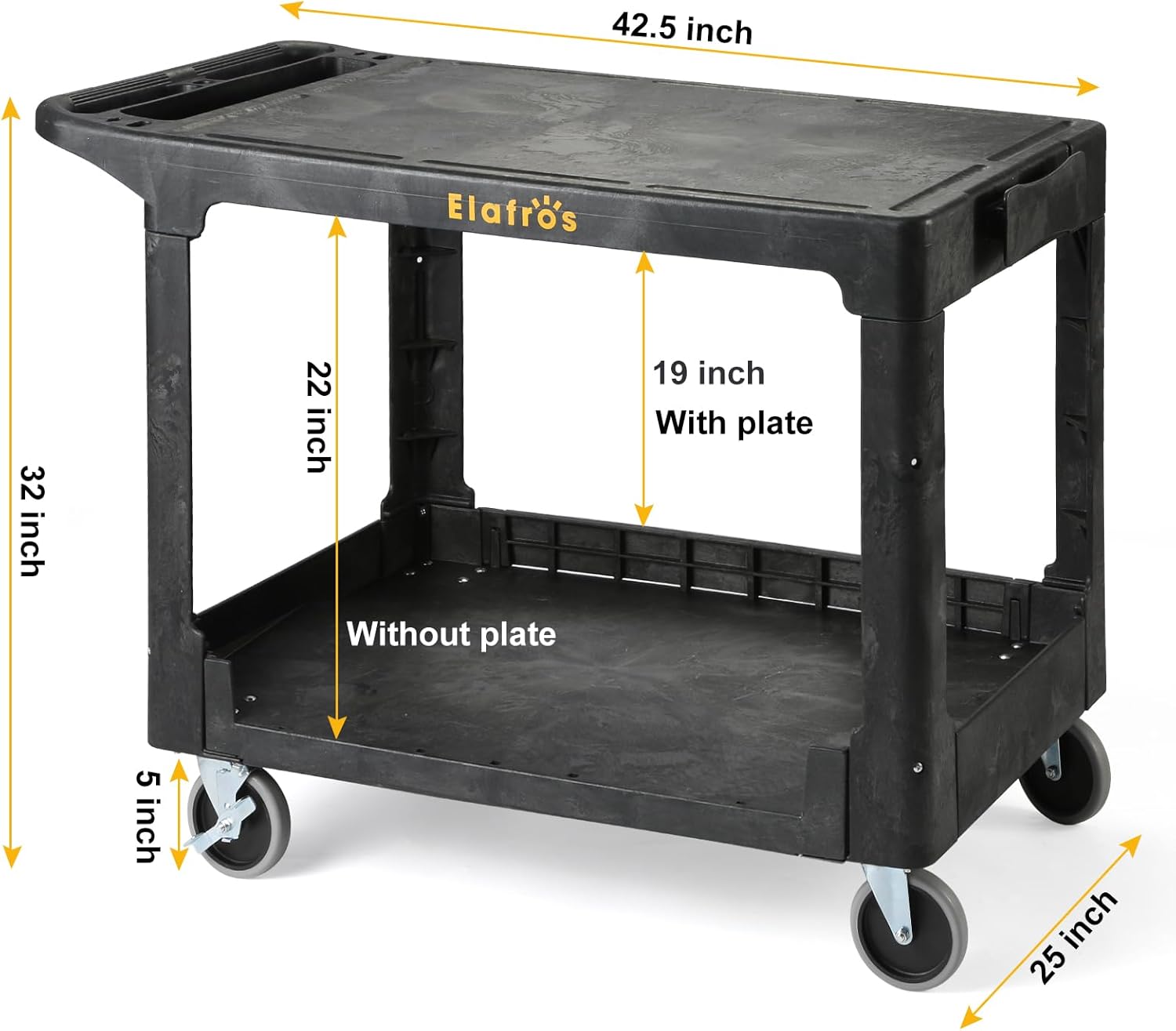 large Heavy Duty Plastic Utility Cart Flat top 42.5 x 25 Inch - Work Cart Flat Shelves and Full Swivel Wheels Holds up to 550 lbs - 2 Tier Service Cart for Warehouse,Garage, Cleaning Black