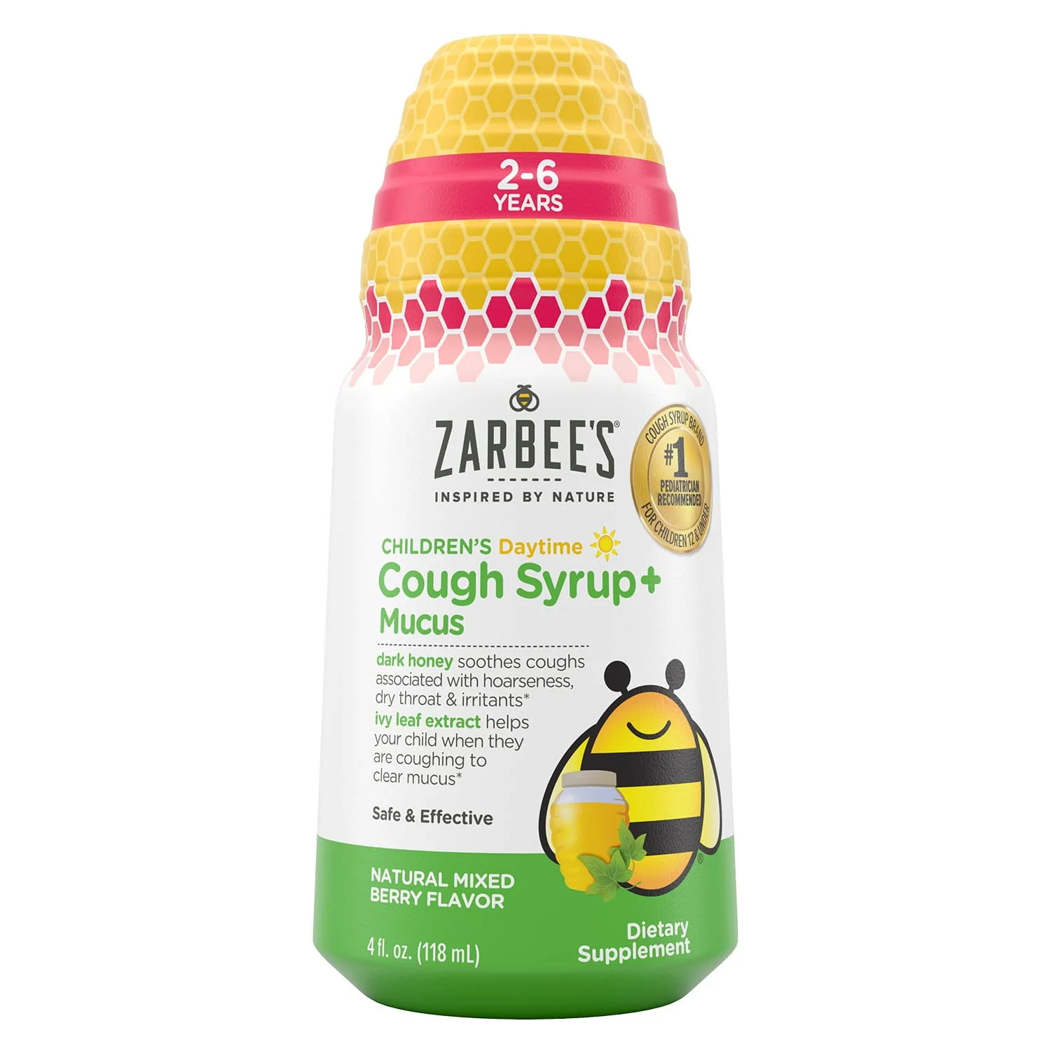 Zarbee's Kids Cough + Mucus Daytime with Honey, Ivy Leaf, Zinc & Elderberry, Mixed Berry, 4FL Oz