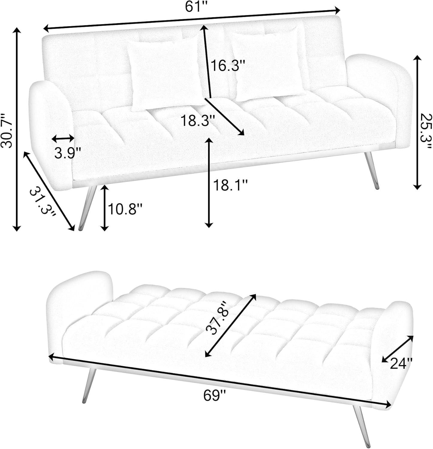 Pink Convertible Sleeper Loveseat Sofa 2-in-1 Adjustable Bed Futon Recliner with 2 Throw Pillows for Living Room Abstract Beach Modern Contemporary Solid Fabric Wood
