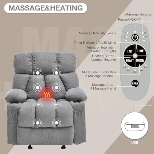 Massage Rocker Recliner Chair with Heat and Vibration Ergonomic Rocking Lounge Chair for Living Room Comfy Overstuffed Recliner with 4 Side Pockets,2 Cup Holders, USB Charge Port, Grey