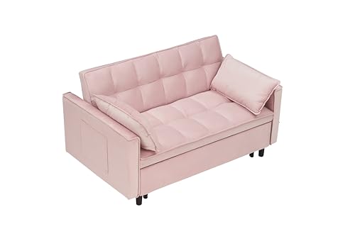 3 in 1 Convertible Sleeper Sofa Bed, Modern Velvet Loveseat with Adjustable Backrest and Side Pocket, Futon Couch with Pull Out Bed, Love Seat Lounge Sofa with 2 Pillows, for Living Room,Beige
