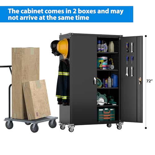 Aobabo Garage Storage Cabinet with Wheels,72" H Metal Storage Cabinet with 2 Doors and 4 Adjustable Shelves for Garage Home, Black,Required-Assembly