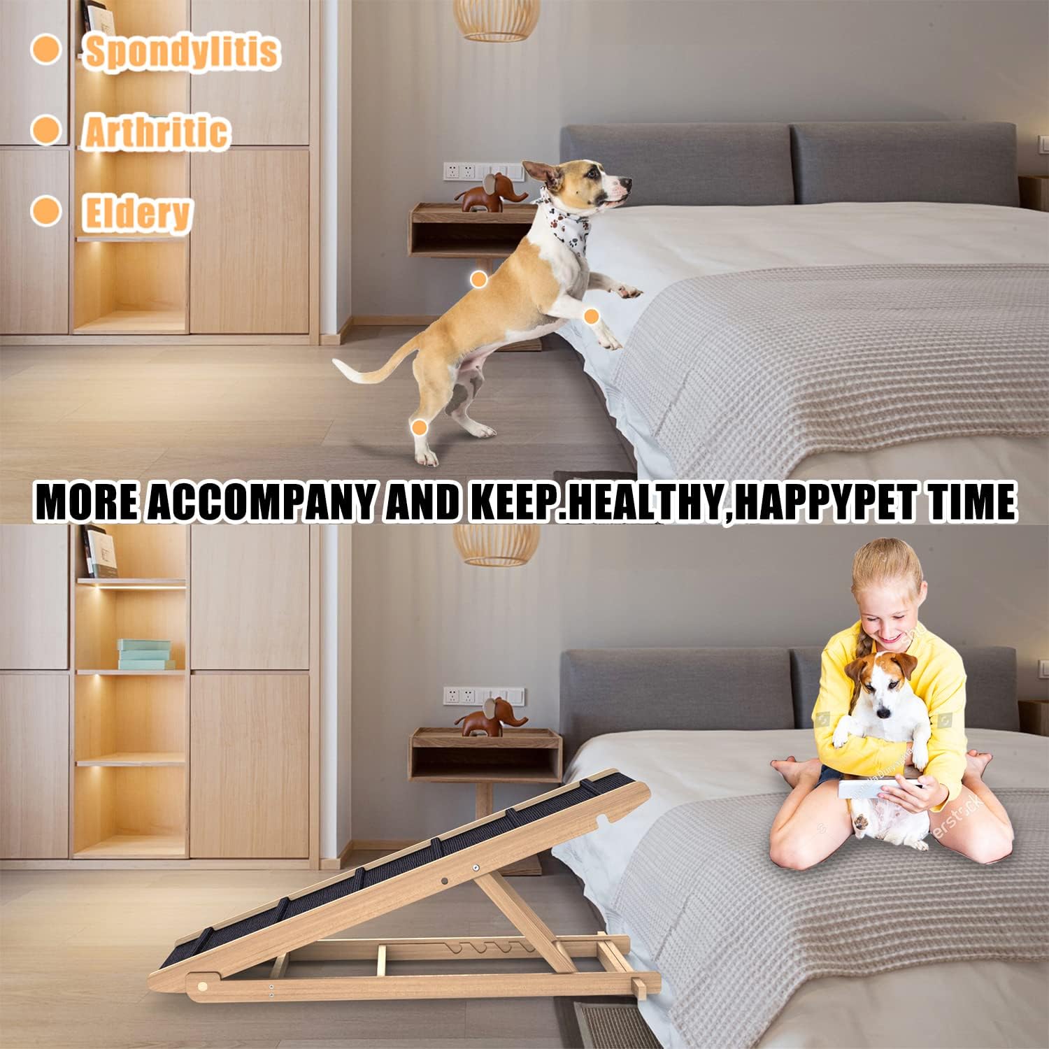 Adjustable Dog Ramp for All Dogs and Cats - Folding Portable Pet Ramp for Couch or Bed with Non Slip Paw Traction Mat, 40”Long and Height Adjustable from 10”to 24” - Up to 250 Lbs