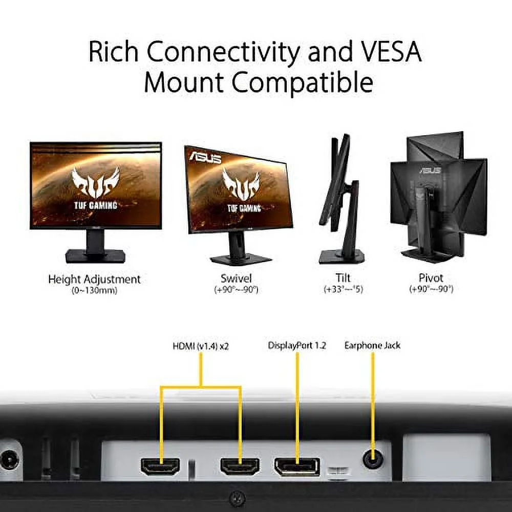 ASUS TUF Gaming 27" 1080P Monitor (VG279QR) - Full HD, IPS, 165Hz (Supports 144Hz), 1ms, Extreme Low Motion Blur, G-SYNC Compatible, Shadow Boost, VESA Mountable, DisplayPort, HDMI, Height Adjustable