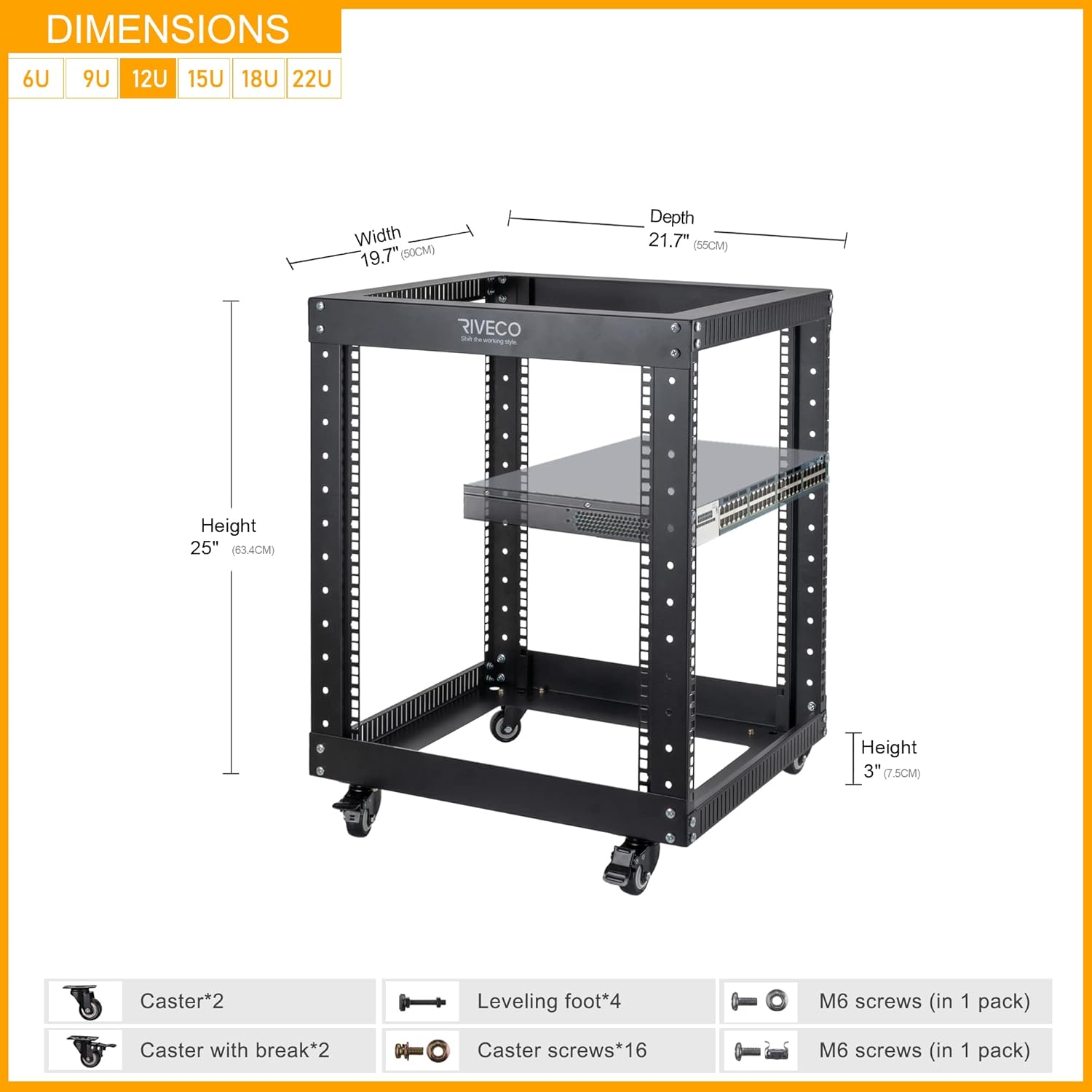 RIVECO 9U Open Frame Server Rack with Casters- Heavy Duty 4 Post Quick Assembly 19-inch, Stereo Rack Network Cabinet Black