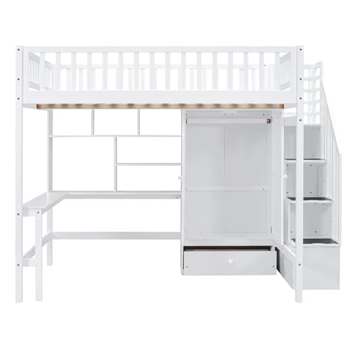 Full Size Loft Bed with Wardrobe Desk Storage Stairs, Wood Loft Bed Frame with Bookcase and Drawers, High Loft Bedframe for Kids Teens Adults, No Box Spring Needed, Espresso
