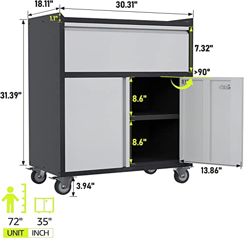 Rolling Garage Storage Cabinet, Mobile Garage Cabinet with Wheel, Metal Rolling Tool Cabinet, Metal Storage Cabinet with Drawers and Wheels for Home Office, Assembly Required