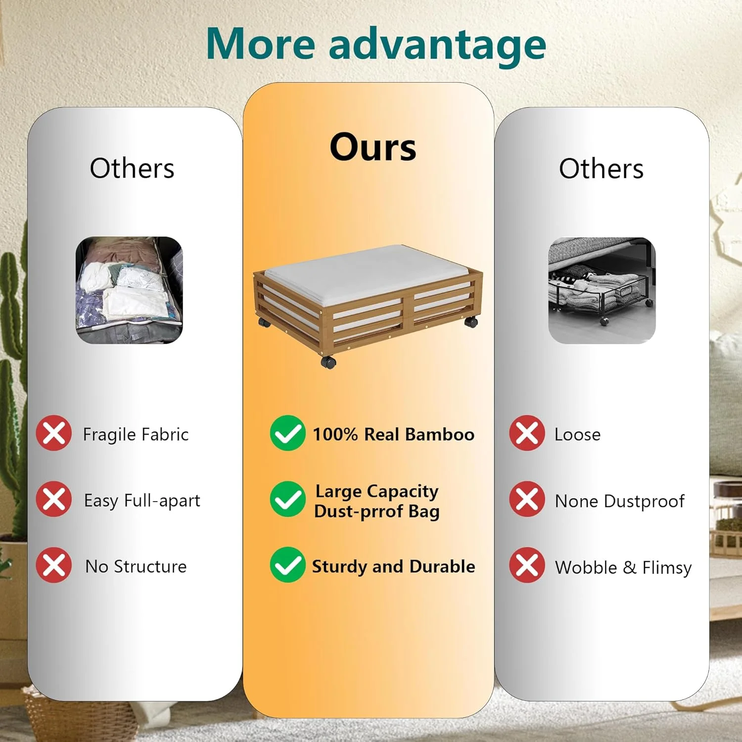 Bamboo Under Bed Storage Containers- Underbed Organizer with Wheels with Large Capacity Dust Bag,Sturdy Wood Rolling Under Bed Shoe Storage Organizer 2 Packs (Walnut, 2 Packs (33.07×16.54))