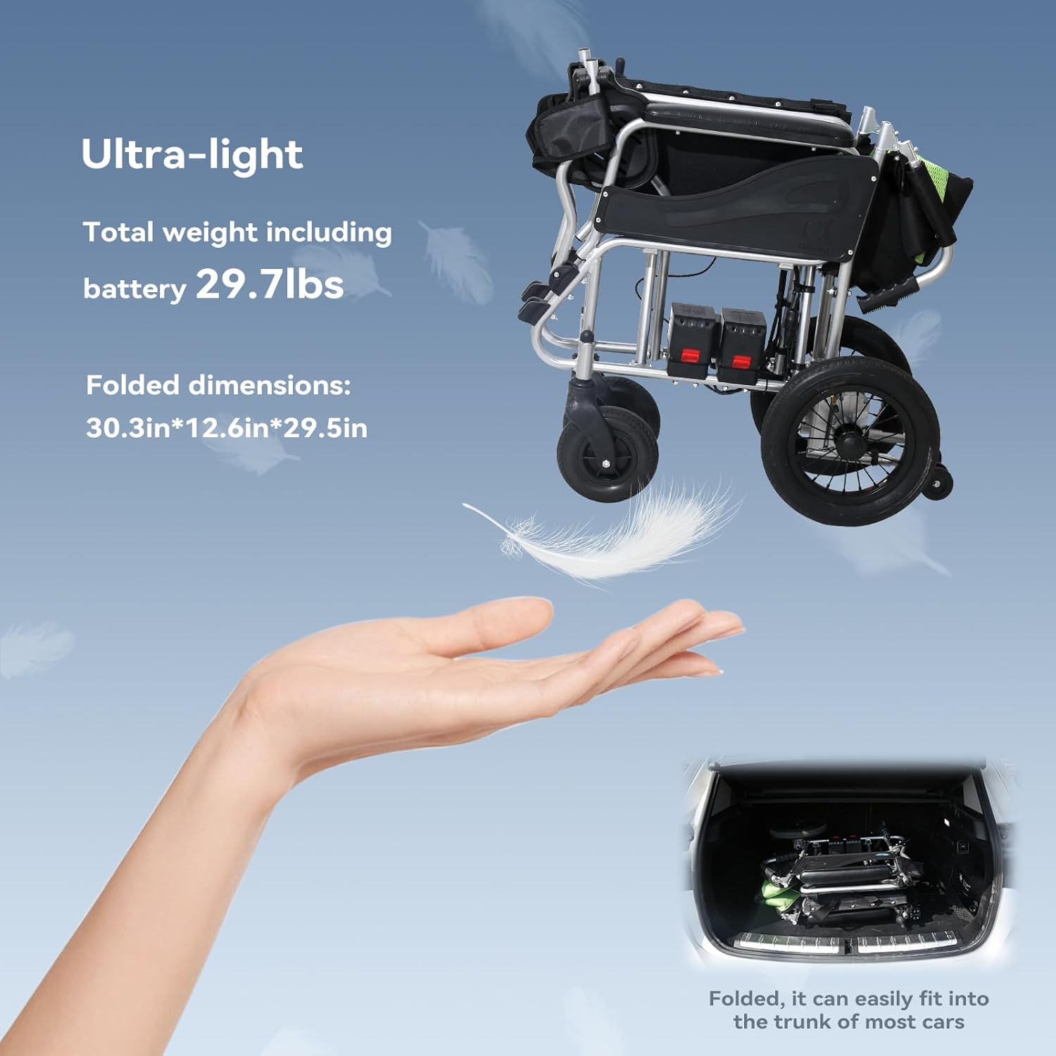 Ultra-Light Aluminum Foldable Electric Wheelchair for Adults and Seniors, 27.5 lbs, Compact and Portable Small Motorized wheelchairs, Airline Approved, 12.4mi Range, Max 220lbs