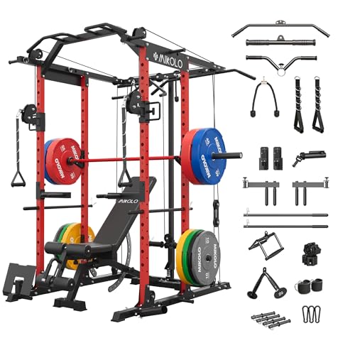Mikolo Power Cage, Power Rack with Cable Crossover System, 1500LBS Squat Rack with LAT Pull Down System, Workout Cage with Pulley System for Fitness Home Gym
